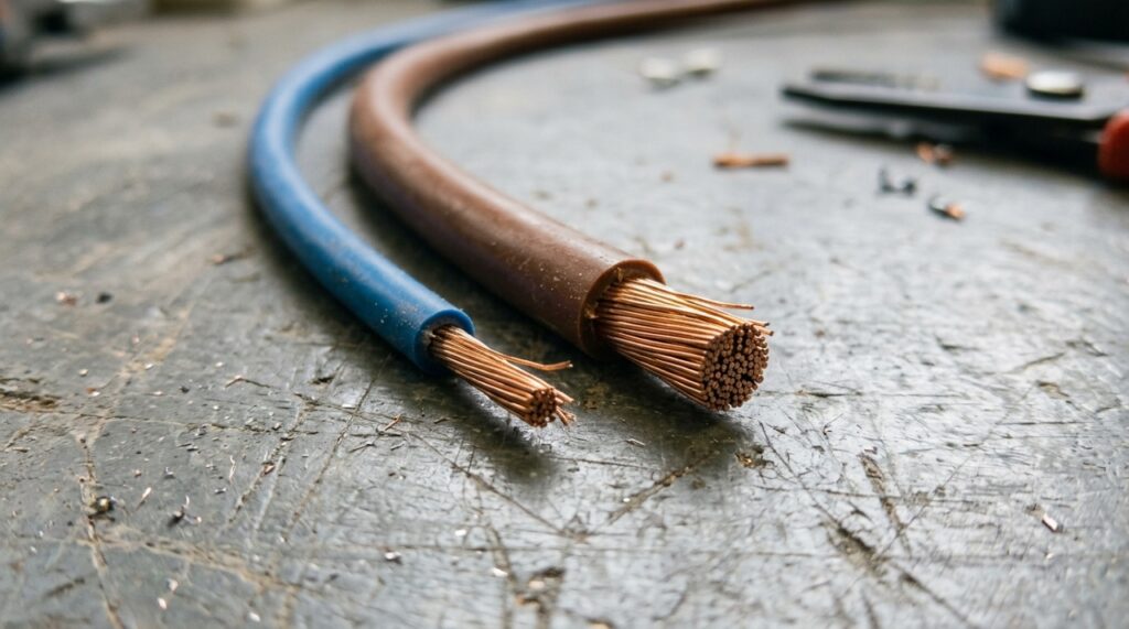 Dois cabos elétricos flexíveis de cobre, com seções de 2,5 mm² e 6 mm², exibindo suas extremidades e a diferença de espessura dos condutores. - (Imagem gerada por inteligência artificial-ChatGPT/Olhar Digital)