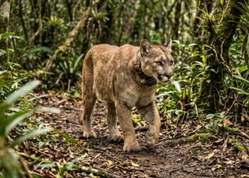 Onça-parda de pelagem castanho-dourada usando radiocolar de monitoramento enquanto caminha por uma trilha cercada pela vegetação da Mata Atlântica. - (Imagem gerada por inteligência artificial-ChatGPT/Olhar Digital)