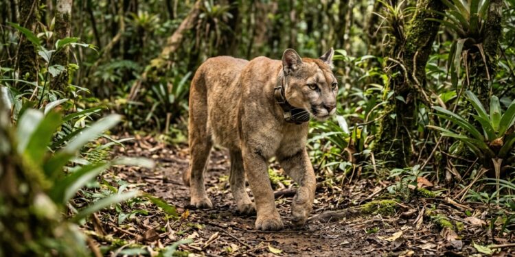 Onça-parda de pelagem castanho-dourada usando radiocolar de monitoramento enquanto caminha por uma trilha cercada pela vegetação da Mata Atlântica. - (Imagem gerada por inteligência artificial-ChatGPT/Olhar Digital)