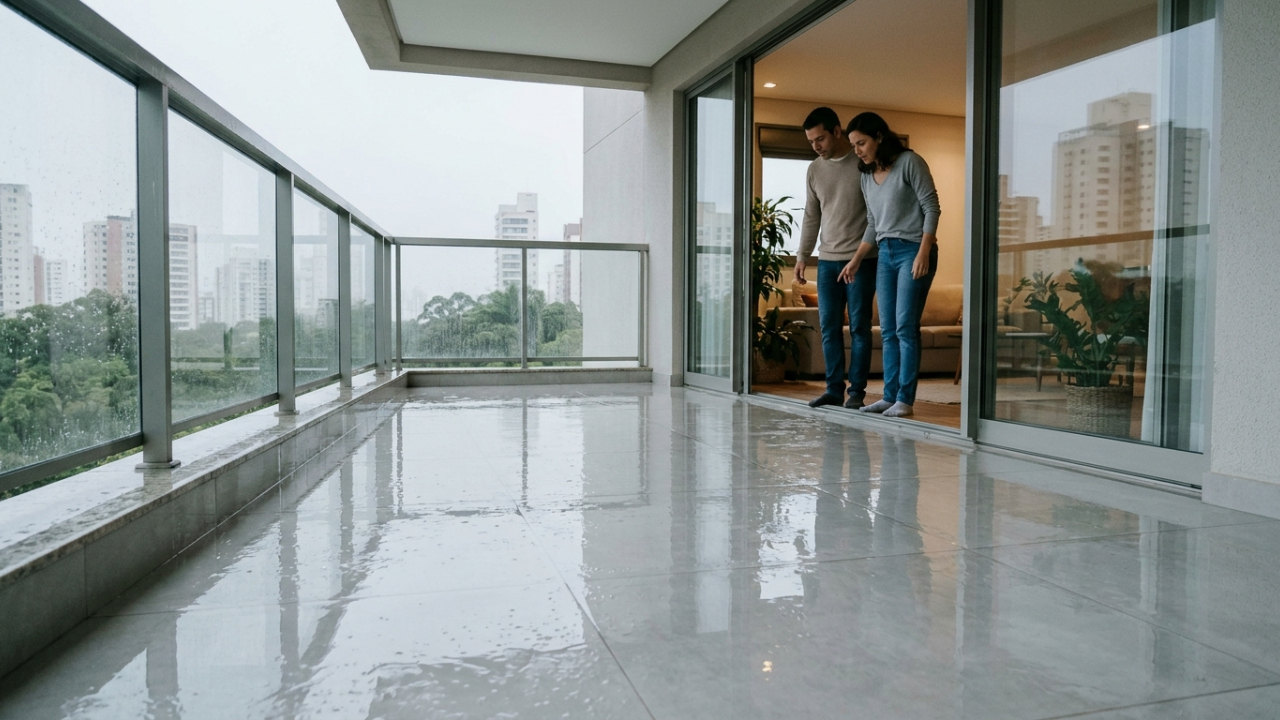 Casal coloca porcelanato polido na área externa e, na primeira chuva, o piso vira um ringue de patinação