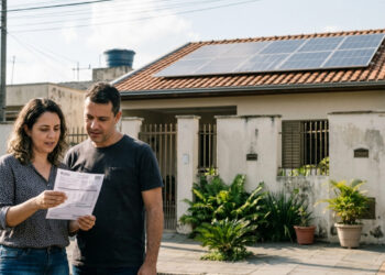 Casal observa uma fatura em casa equipada com painéis solares - Imagem criada por inteligência artificial (ChatGPT / Olhar Digital)