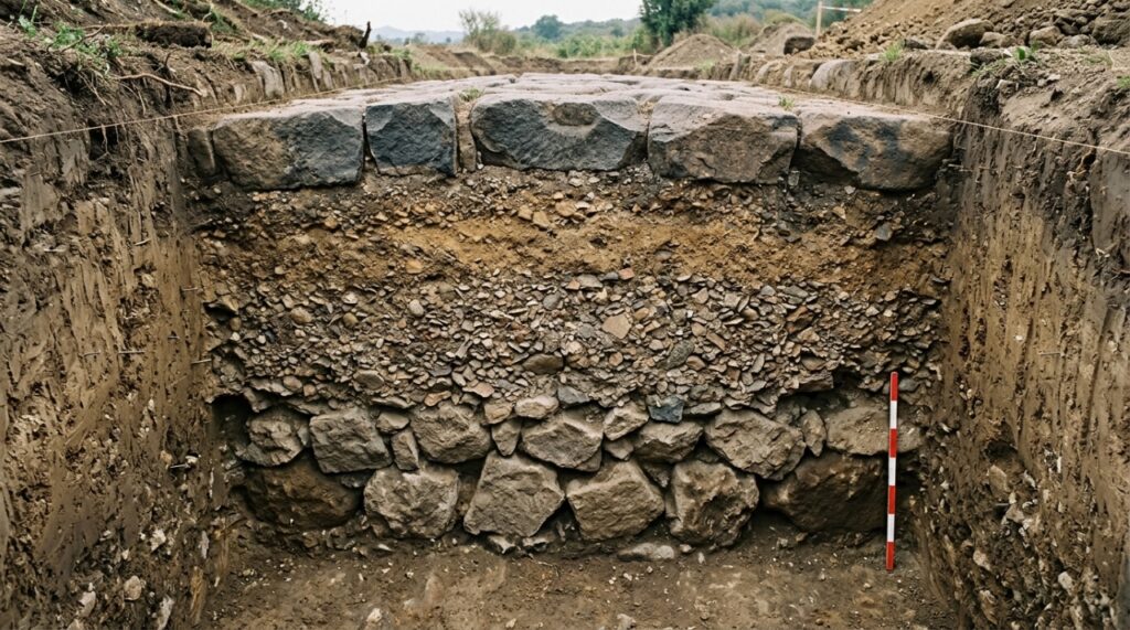 Representação ultrarrealista de um corte transversal de estrada romana, mostrando blocos de basalto na superfície e camadas inferiores de areia, cascalho e pedras maiores utilizadas na fundação. - (Imagem gerada por inteligência artificial-ChatGPT/Olhar Digital) 