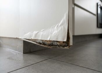 Base de armário planejado de MDF branco inchada e deformada pela umidade, com revestimento levantado próximo ao piso da cozinha. - (Imagem gerada por inteligência artificial-ChatGPT/Olhar Digital)