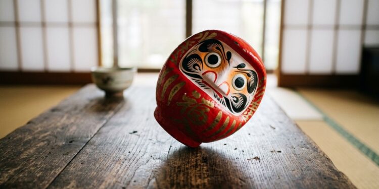 Boneco Daruma japonês vermelho sobre uma mesa de madeira, símbolo associado à perseverança e à capacidade de se reerguer. - (Imagem gerada por inteligência artificial-ChatGPT/Olhar Digital)
