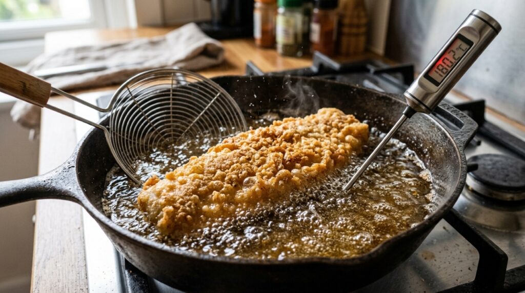 Filé de peixe empanado fritando em óleo quente com termômetro culinário marcando 180 graus Celsius. - (Imagem gerada por inteligência artificial-ChatGPT/Olhar Digital)