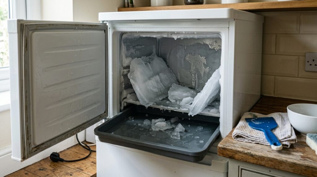 Freezer desligado durante o degelo, com placas de gelo derretendo, bandeja para água e espátula plástica. - (Imagem gerada por inteligência artificial-ChatGPT/Olhar Digital)