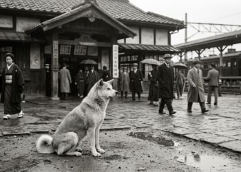 Representação histórica de um cão Akita de pelagem clara sentado diante de uma estação ferroviária japonesa da década de 1930, aguardando próximo à entrada. (Imagem gerada por inteligência artificial-ChatGPT/Olhar Digital)