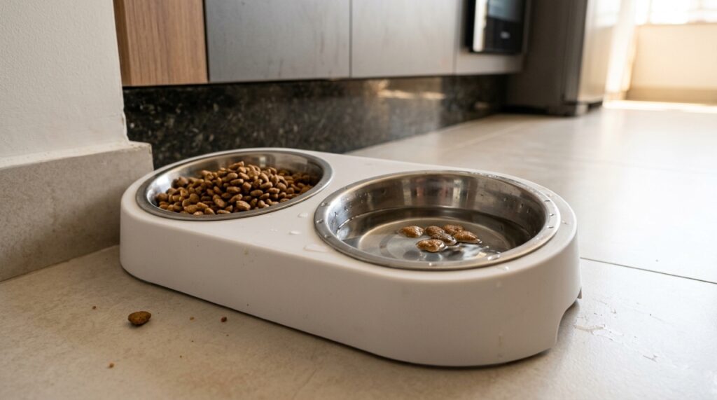 Comedouro duplo para gatos com ração seca em uma tigela e água com grãos de alimento boiando na outra, mostrando o risco de contaminação por resíduos. - (Imagem gerada por inteligência artificial-ChatGPT/Olhar Digital)