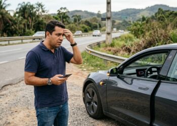Motorista preocupado ao lado de um carro elétrico cinza parado no acostamento de uma rodovia, com bateria descarregada, ilustrando os riscos de comprar um veículo elétrico usado sem inspeção. - (Imagem gerada por inteligência artificial-ChatGPT/Olhar Digital)
