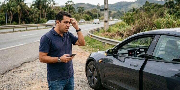 Motorista preocupado ao lado de um carro elétrico cinza parado no acostamento de uma rodovia, com bateria descarregada, ilustrando os riscos de comprar um veículo elétrico usado sem inspeção. - (Imagem gerada por inteligência artificial-ChatGPT/Olhar Digital)