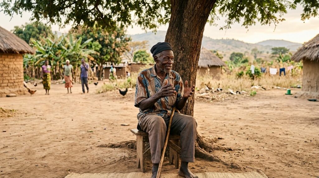Ancião africano conversa com jovens sob uma árvore durante um momento de transmissão de conhecimentos entre gerações. - (Imagem gerada por inteligência artificial-ChatGPT/Olhar Digital) 