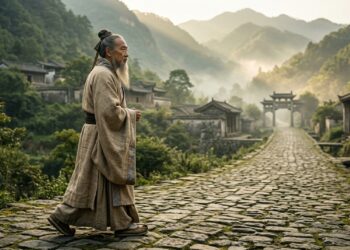 Representação realista de Confúcio, com barba grisalha e roupas tradicionais chinesas, caminhando por uma estrada de pedras entre montanhas verdes. (Imagem gerada por inteligência artificial-ChatGPT/Olhar Digital)