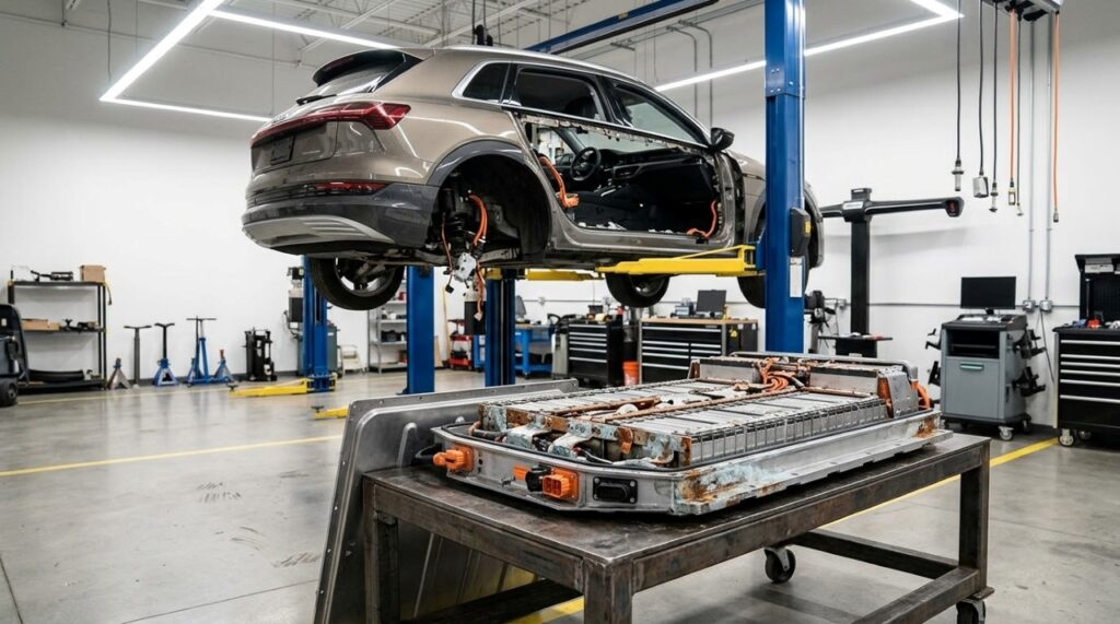Carro elétrico elevado em oficina especializada, com bateria de alta tensão removida e módulos internos expostos, apresentando sinais de oxidação e desgaste durante inspeção técnica. - (Imagem gerada por inteligência artificial-ChatGPT/Olhar Digital)