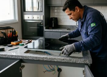 Eletricista profissional instalando cooktop de indução preto em bancada de granito de uma cozinha moderna com armários planejados. (Imagem gerada por inteligência artificial-ChatGPT/Olhar Digital)