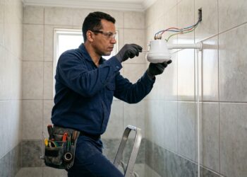 Eletricista profissional realizando manutenção nos cabos e conectores de um chuveiro elétrico branco em banheiro residencial com paredes de cerâmica. - (Imagem gerada por inteligência artificial-ChatGPT/Olhar Digital)