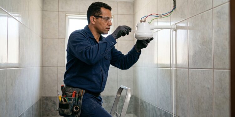 Eletricista profissional realizando manutenção nos cabos e conectores de um chuveiro elétrico branco em banheiro residencial com paredes de cerâmica. - (Imagem gerada por inteligência artificial-ChatGPT/Olhar Digital)