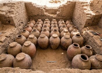 Representação arqueológica da tumba da rainha Meret-Neith, com grandes jarros de cerâmica antigos organizados dentro de uma estrutura funerária de tijolos de barro em Abidos, no Egito. (Imagem gerada por inteligência artificial-ChatGPT/Olhar Digital)