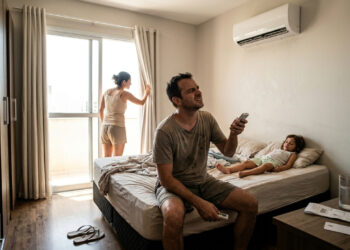Família compra ar-condicionado de 9.000 BTUs em 12 parcelas para um quarto de 20 m² e, no primeiro verão, o aparelho não vence o calor