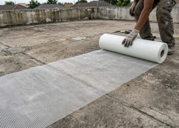 Os construtores garantem: colocar uma tela de fibra de vidro sobre o cimento é o melhor truque para impermeabilizar um terraço e evitar infiltrações