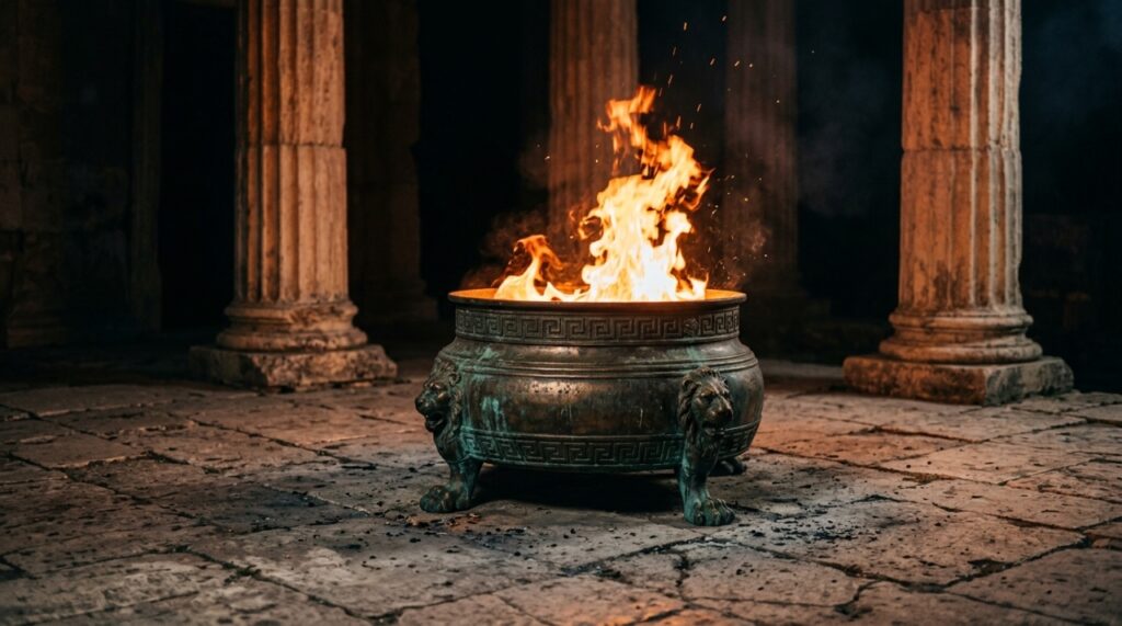 Chamas alaranjadas queimam em um braseiro de bronze diante de colunas gregas antigas, representando o fogo como símbolo de transformação na filosofia de Heráclito. - (Imagem gerada por inteligência artificial-ChatGPT/Olhar Digital)