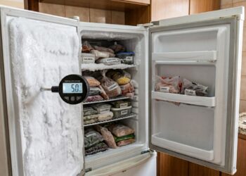 Freezer aberto com camada espessa de gelo acumulada nas paredes internas e medição indicando aproximadamente 5 milímetros. - (Imagem gerada por inteligência artificial-ChatGPT/Olhar Digital)