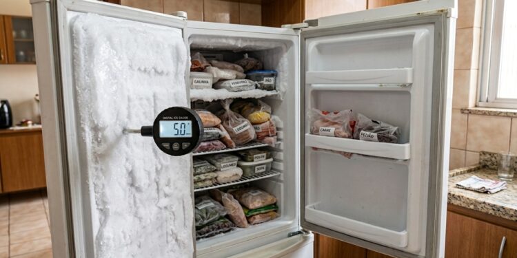 Freezer aberto com camada espessa de gelo acumulada nas paredes internas e medição indicando aproximadamente 5 milímetros. - (Imagem gerada por inteligência artificial-ChatGPT/Olhar Digital)