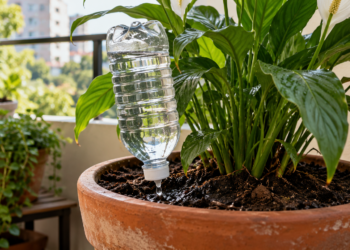 A garrafa PET de cabeça para baixo que rega as plantas sozinha por dias enquanto você viaja no feriadão