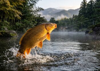 Grande carpa dourada saltando da água de um lago japonês após escapar de um anzol, representando o provérbio sobre a valorização exagerada daquilo que perdemos. - (Imagem gerada por inteligência artificial-ChatGPT/Olhar Digital)