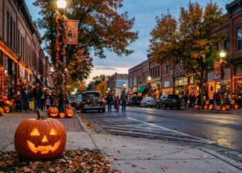 Rua de Anoka, nos Estados Unidos, representada com abóboras iluminadas, fachadas históricas decoradas para o Halloween e árvores com folhas de outono. (Imagem gerada por inteligência artificial-ChatGPT/Olhar Digital)