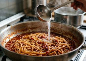 Cozinheiros italianos concordam: “O macarrão deve sair da água 2 minutos antes do tempo da embalagem e terminar de cozinhar no molho, com uma concha da água do cozimento”