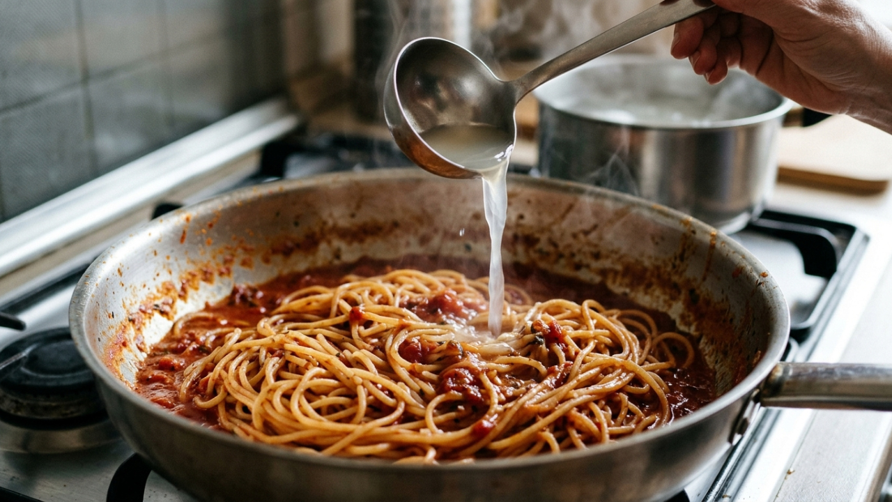 Cozinheiros italianos concordam: “O macarrão deve sair da água 2 minutos antes do tempo da embalagem e terminar de cozinhar no molho, com uma concha da água do cozimento”
