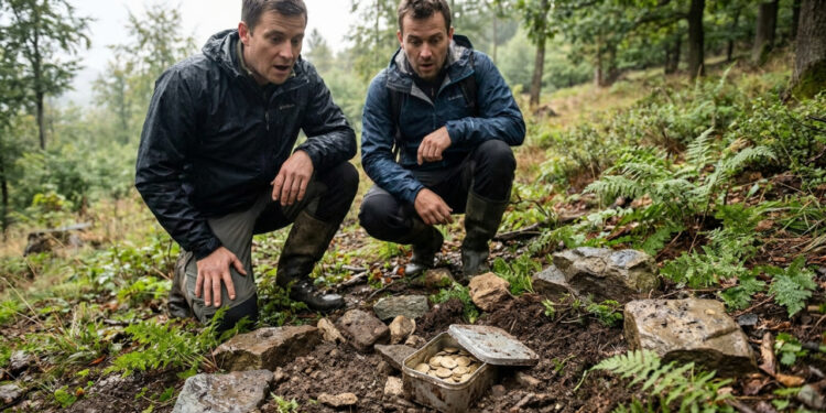 Dois homens faziam uma caminhada quando viram uma lata de alumínio saindo da terra, dentro havia mais de 6 quilos de moedas de ouro e outros objetos