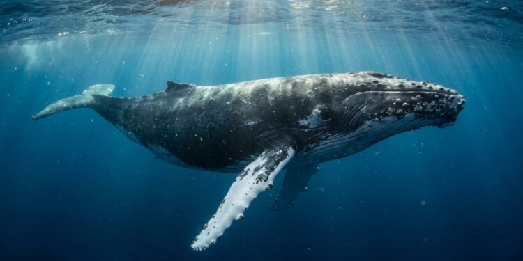 Baleia-jubarte adulta nadando nas águas profundas e azuis do Oceano Pacífico, com longas nadadeiras peitorais abertas e raios solares atravessando a superfície. - (Imagem gerada por inteligência artificial-ChatGPT/Olhar Digital)