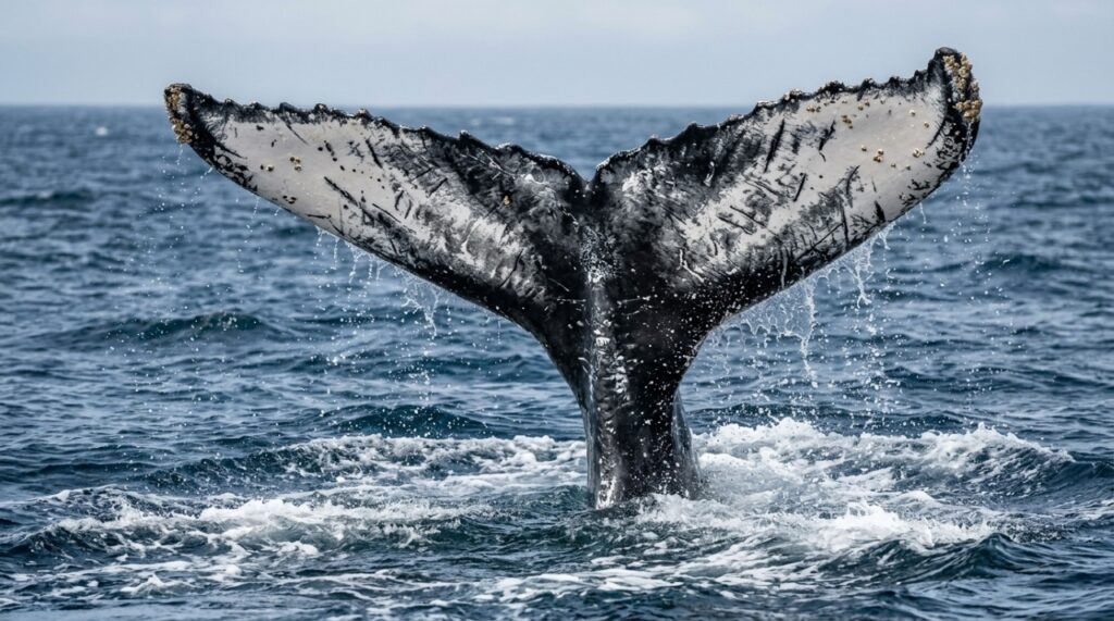 Cauda de baleia-jubarte erguida acima da superfície do oceano, exibindo manchas pretas e brancas e cicatrizes naturais utilizadas por cientistas na fotoidentificação da espécie. - (Imagem gerada por inteligência artificial-ChatGPT/Olhar Digital)