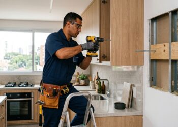 Instalador fixa armário aéreo em parede de drywall com reforço interno de madeira preso aos montantes metálicos. - (Imagem gerada por inteligência artificial-ChatGPT/Olhar Digital)