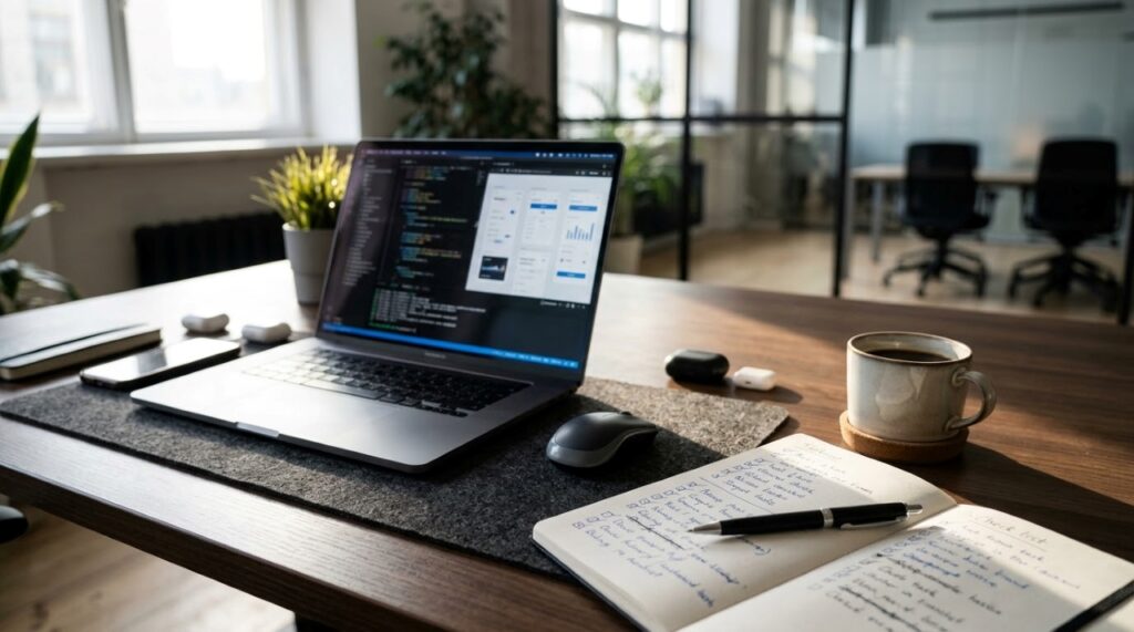 Mesa de trabalho organizada com notebook, caderno de tarefas concluídas e materiais profissionais, representando a disciplina e o esforço diário necessários para construir uma carreira de sucesso. - (Imagem gerada por inteligência artificial-ChatGPT/Olhar Digital)