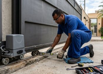 Serralheiro verifica com nível de bolha o alinhamento do trilho de um portão automático deslizante residencial. - (Imagem gerada por inteligência artificial-ChatGPT/Olhar Digital)