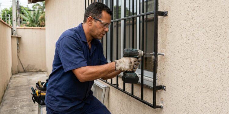 Serralheiro com equipamentos de proteção utilizando uma parafusadeira para fixar uma grade de ferro preta na parede de alvenaria de uma janela residencial. - (Imagem gerada por inteligência artificial-ChatGPT/Olhar Digital)