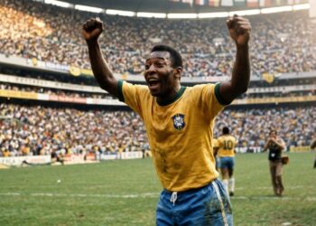 Representação de Pelé jovem vestindo a camisa amarela número 10 da Seleção Brasileira, comemorando com os braços erguidos em um estádio de futebol. (Imagem gerada por inteligência artificial-ChatGPT/Olhar Digital)