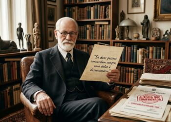 Sigmund Freud em seu consultório ao lado de uma frase popular sobre concordância marcada como autoria não comprovada. - (Imagem gerada por inteligência artificial-ChatGPT/Olhar Digital)