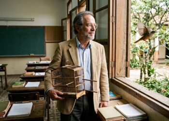 Rubem Alves em sala de aula com livro nas mãos e uma gaiola vazia de porta aberta próxima à janela. - (Imagem gerada por inteligência artificial-ChatGPT/Olhar Digital)