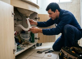 Marido de aluguel usando uniforme azul-marinho enquanto ajusta manualmente a conexão de um sifão plástico branco embaixo da pia de um banheiro residencial. - (Imagem gerada por inteligência artificial-ChatGPT/Olhar Digital)
