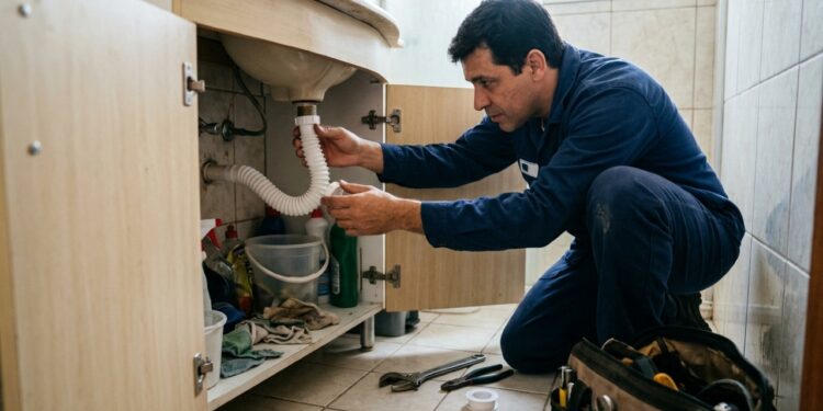Marido de aluguel usando uniforme azul-marinho enquanto ajusta manualmente a conexão de um sifão plástico branco embaixo da pia de um banheiro residencial. - (Imagem gerada por inteligência artificial-ChatGPT/Olhar Digital)