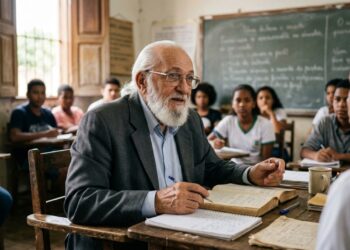 Paulo Freire em uma sala de aula com livros sobre a mesa e estudantes ao fundo. - (Imagem gerada por inteligência artificial-ChatGPT/Olhar Digital)