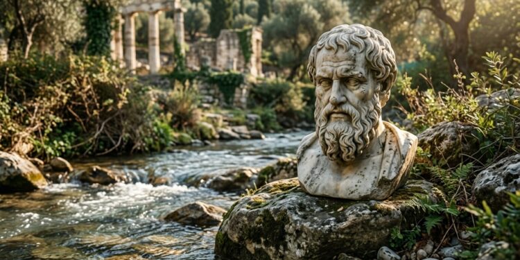 Busto de mármore do filósofo grego Heráclito ao lado de um rio com águas correntes, representando a transformação constante da realidade. - (Imagem gerada por inteligência artificial-ChatGPT/Olhar Digital)