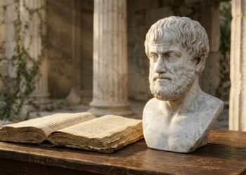 Busto de mármore branco do filósofo grego Aristóteles ao lado de um livro antigo aberto, com colunas clássicas ao fundo, representando sua filosofia sobre hábitos e virtudes. - (Imagem gerada por inteligência artificial-ChatGPT/Olhar Digital)