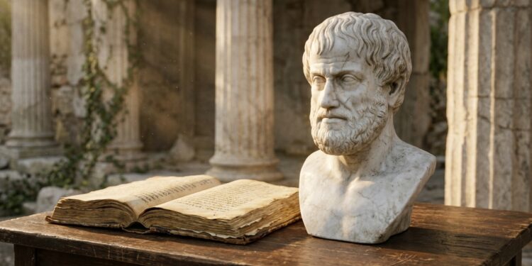 Busto de mármore branco do filósofo grego Aristóteles ao lado de um livro antigo aberto, com colunas clássicas ao fundo, representando sua filosofia sobre hábitos e virtudes. - (Imagem gerada por inteligência artificial-ChatGPT/Olhar Digital)
