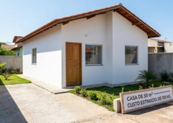 Casa térrea brasileira de aproximadamente 50 m², com fachada branca e placa informando custo estimado de construção de R$ 100 mil. - (Imagem gerada por inteligência artificial-ChatGPT/Olhar Digital)