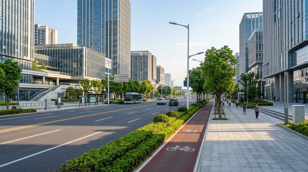 Avenida moderna de Nanhui New City, na China, com edifícios contemporâneos, calçadas arborizadas e ciclovia, representando o planejamento urbano da cidade. - (Imagem gerada por inteligência artificial-ChatGPT/Olhar Digital)