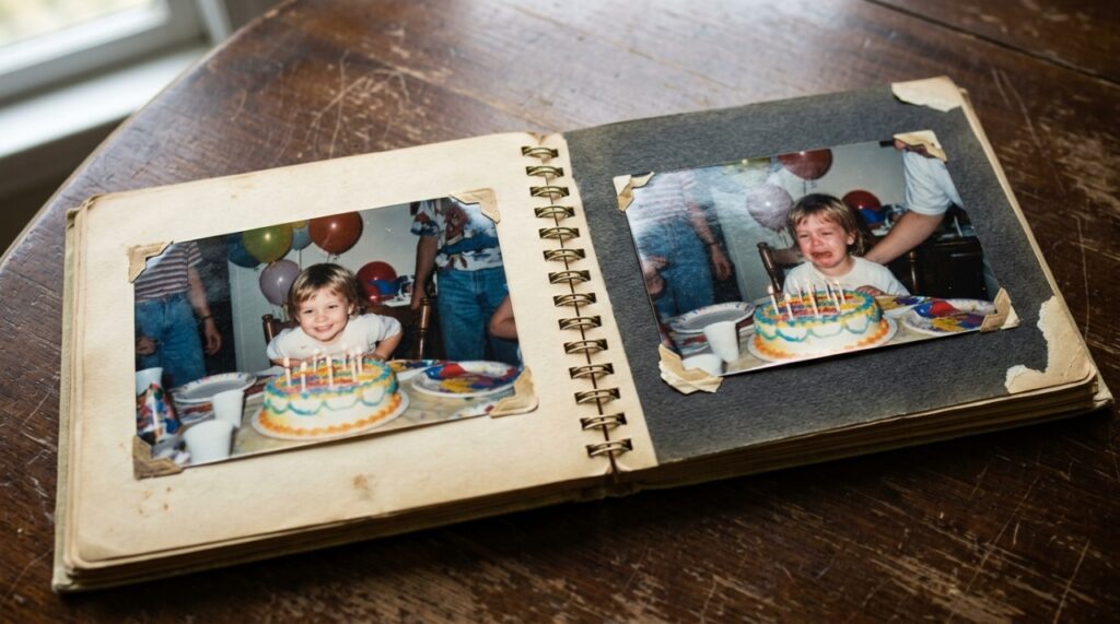 Álbum antigo de família aberto com duas fotografias de um aniversário infantil, mostrando a mesma criança sorrindo e chorando em momentos diferentes da comemoração. - (Imagem gerada por inteligência artificial-ChatGPT/Olhar Digital) 